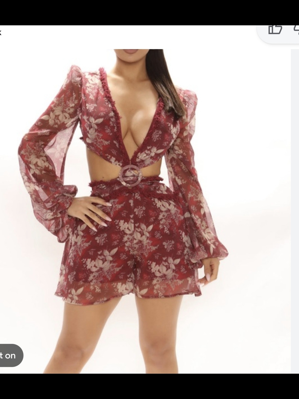 THE SANG Plunging Floral Cutout Romper‎ in Wine
